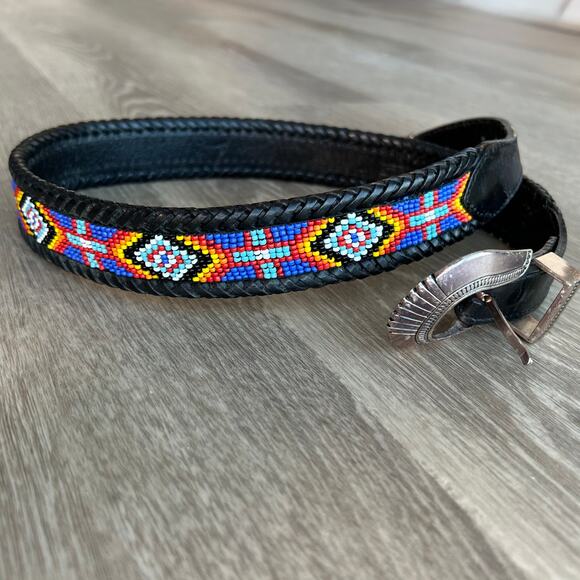 Vintage Eddie Bauer Beaded Leather Belt 1991 Southwestern Western Style main image 15